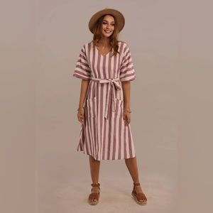 Petallush - Half Sleeve V Neck Tie Waist Cotton Stripe Midi Dress in Blush XS